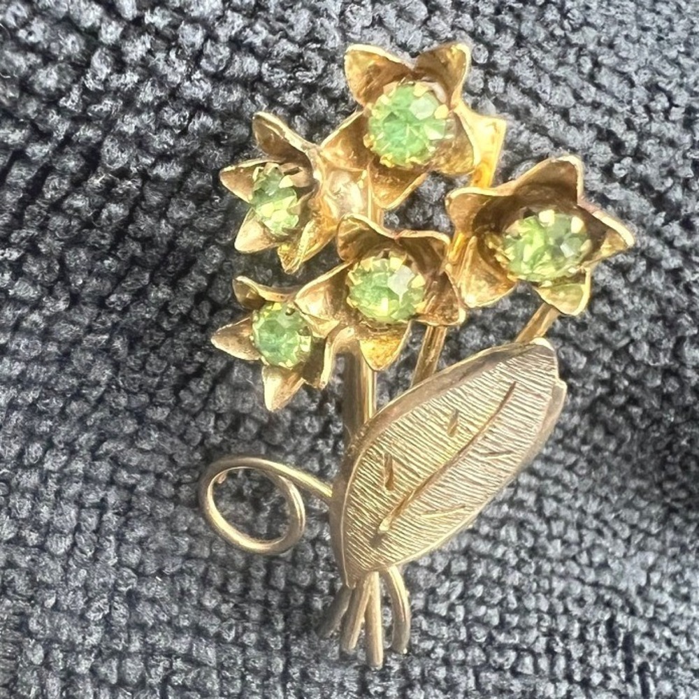 Vintage Rhinestone Brooch Green Bouquet Floral Prong Set Designer 2"